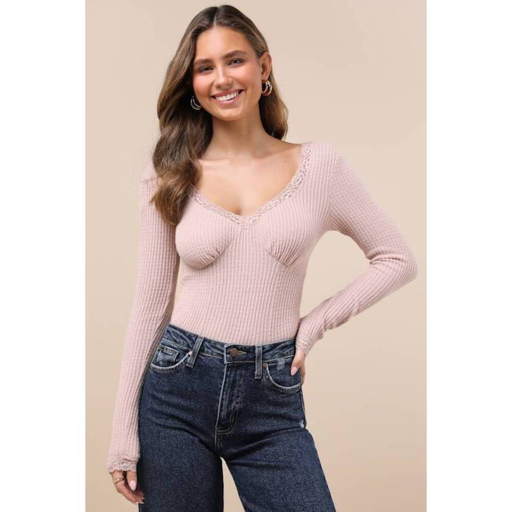 Lulus Effortless Pick Blush Pink Lace Waffle Knit Long Sleeve Top - Size M